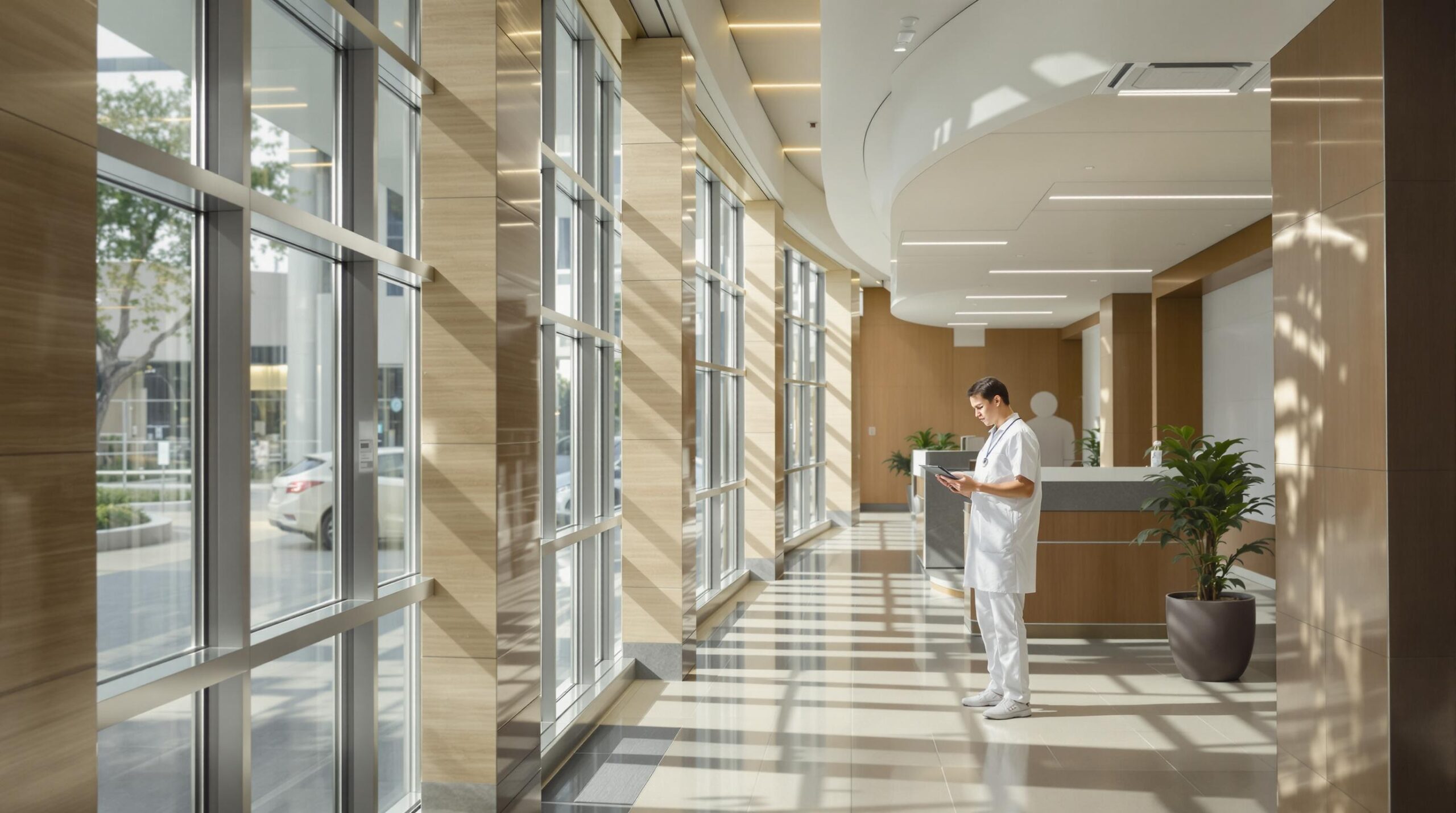 Medical professional reviewing information in a modern healthcare facility with large windows and bright interior design.