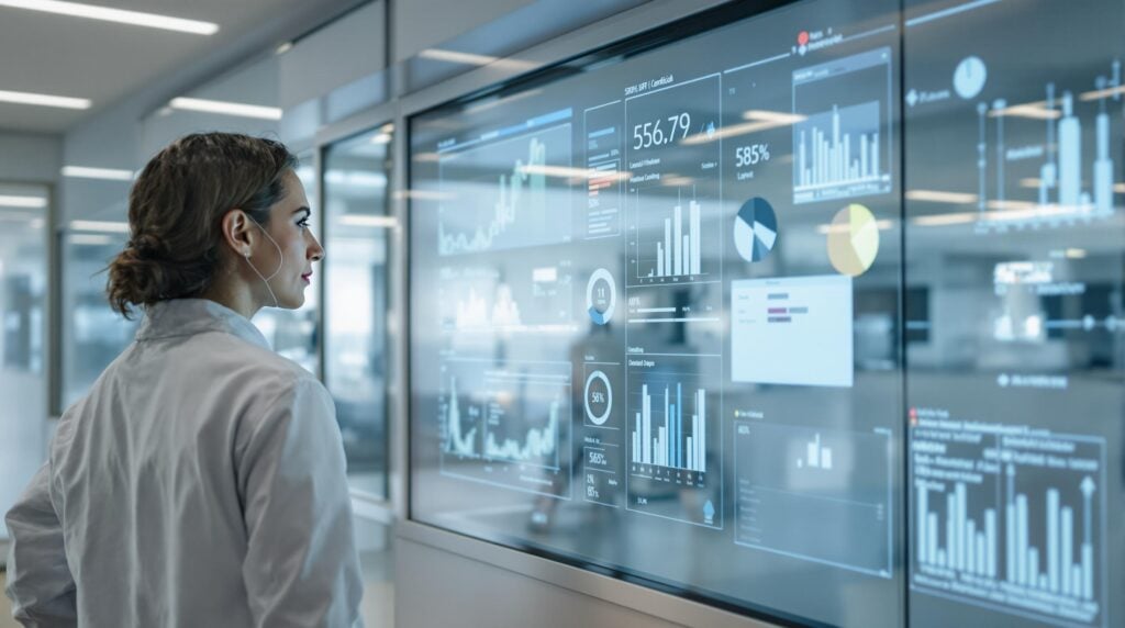 Woman in a lab coat analyzing data on a touchscreen display with graphs, charts, and statistics in a modern office.