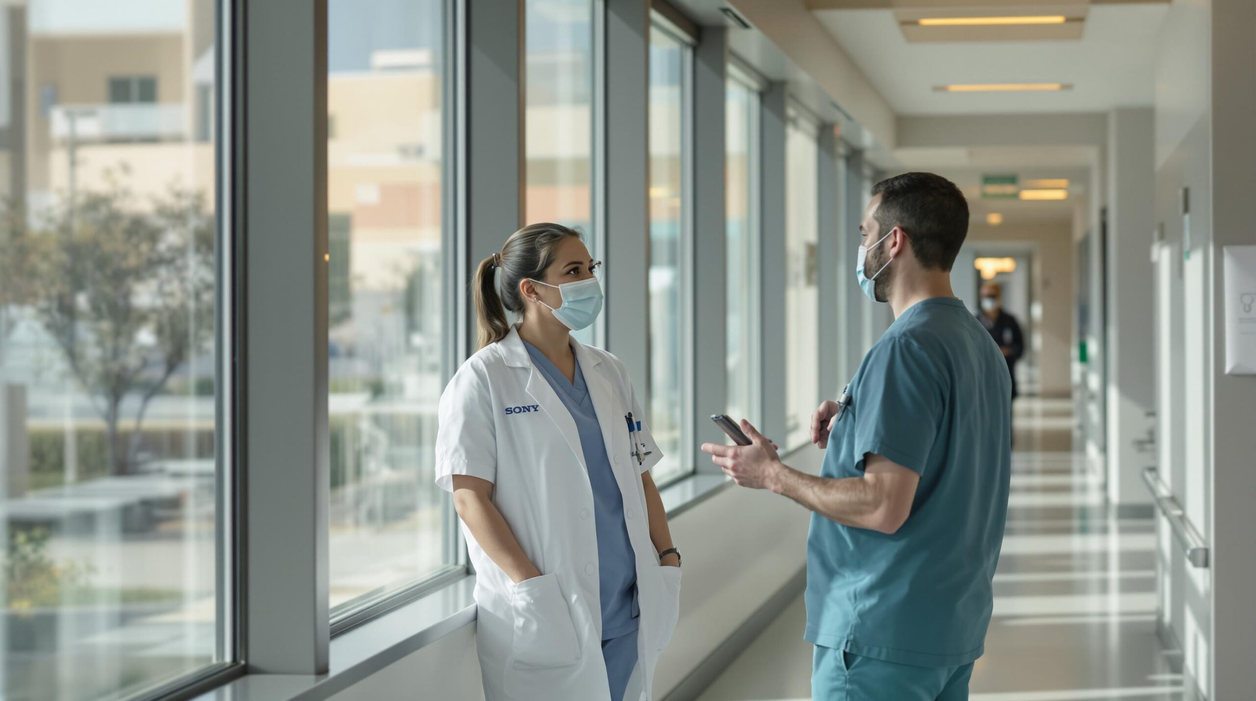 Healthcare professionals discussing medical topics in a hospital corridor while wearing masks to ensure safety.
