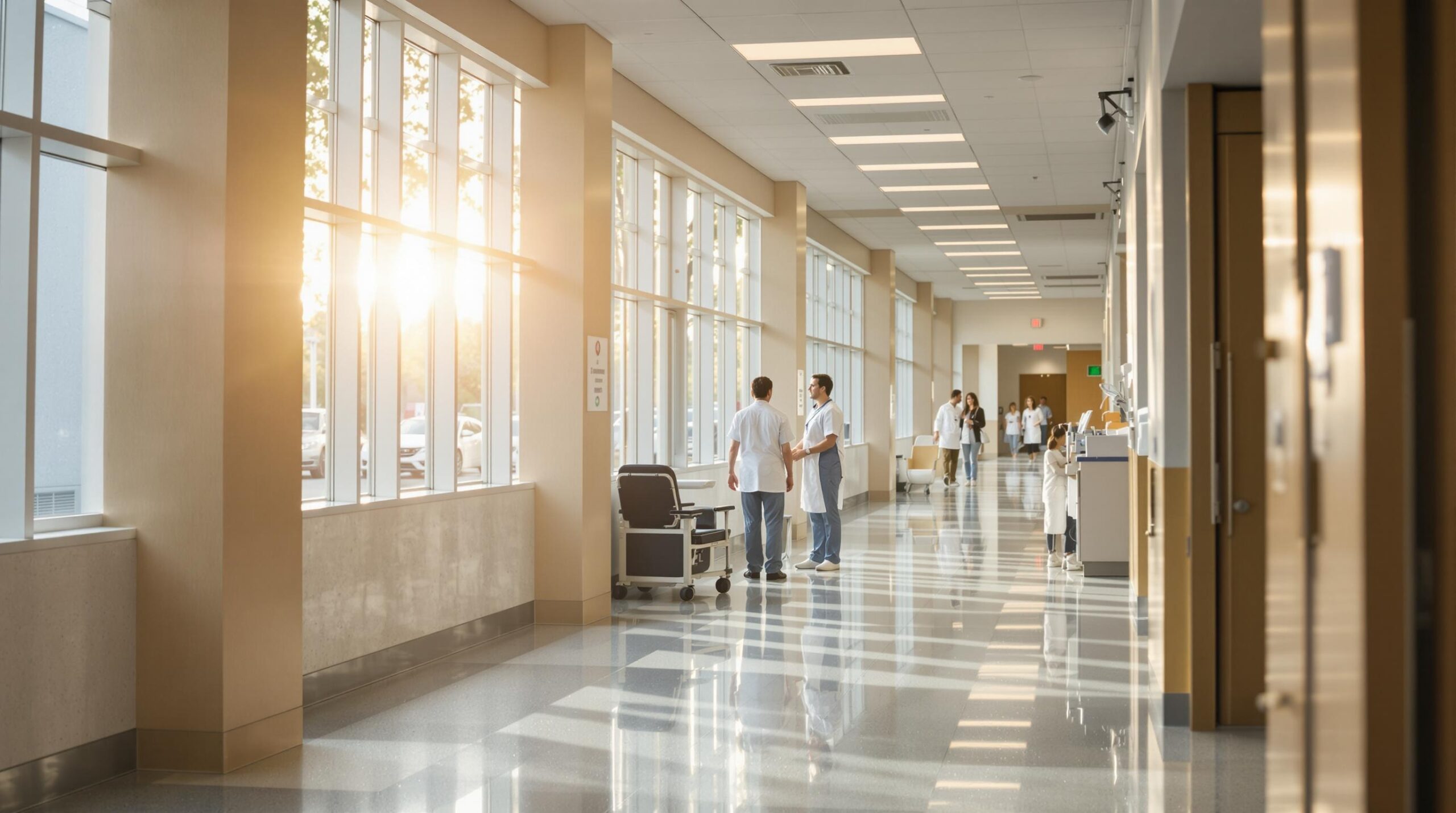Bright hospital corridor with healthcare professionals in conversation, showcasing modern medical facility design.