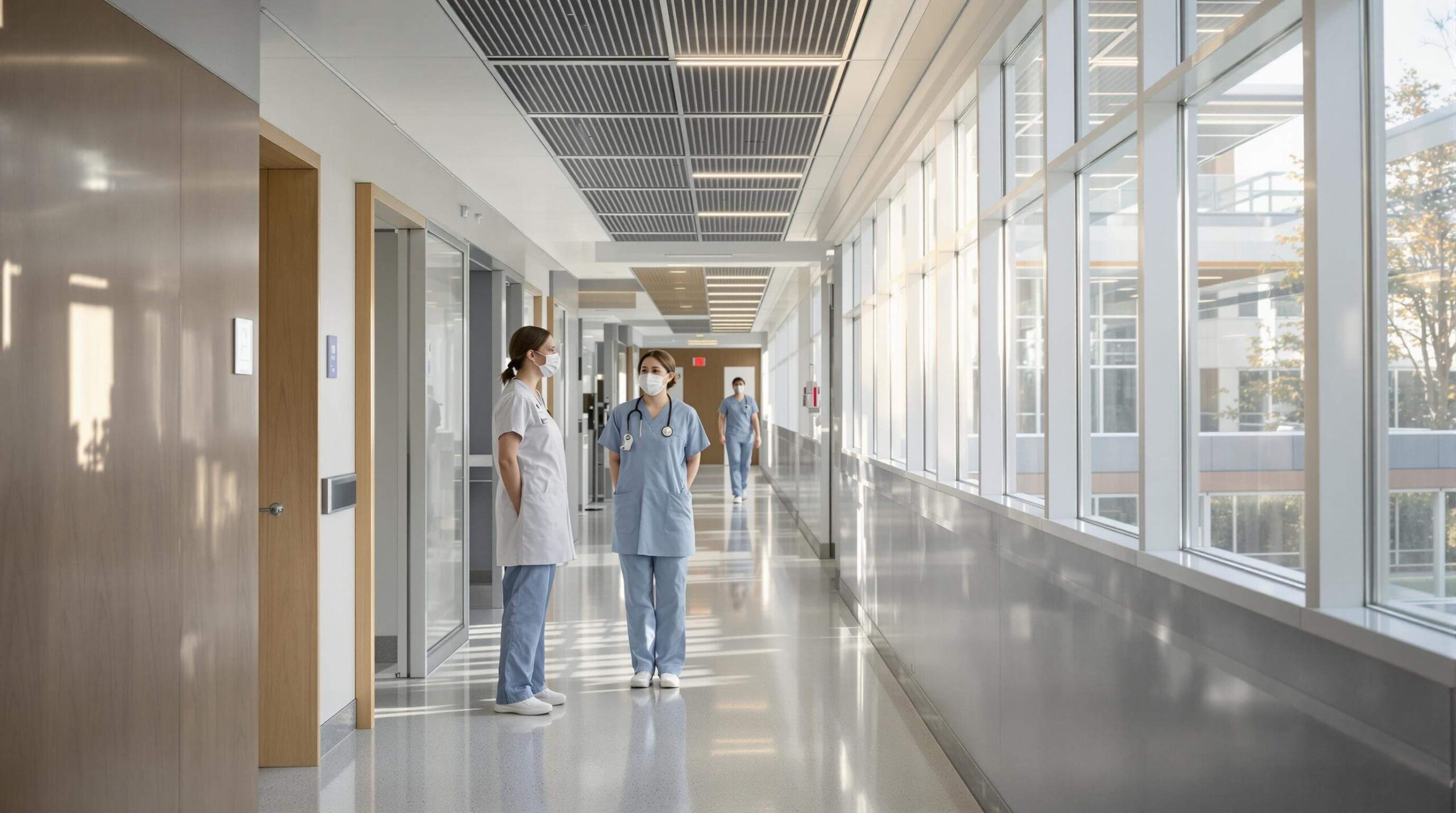 Two healthcare workers in scrubs talk in a bright, modern hospital corridor with sunlight streaming through windows.