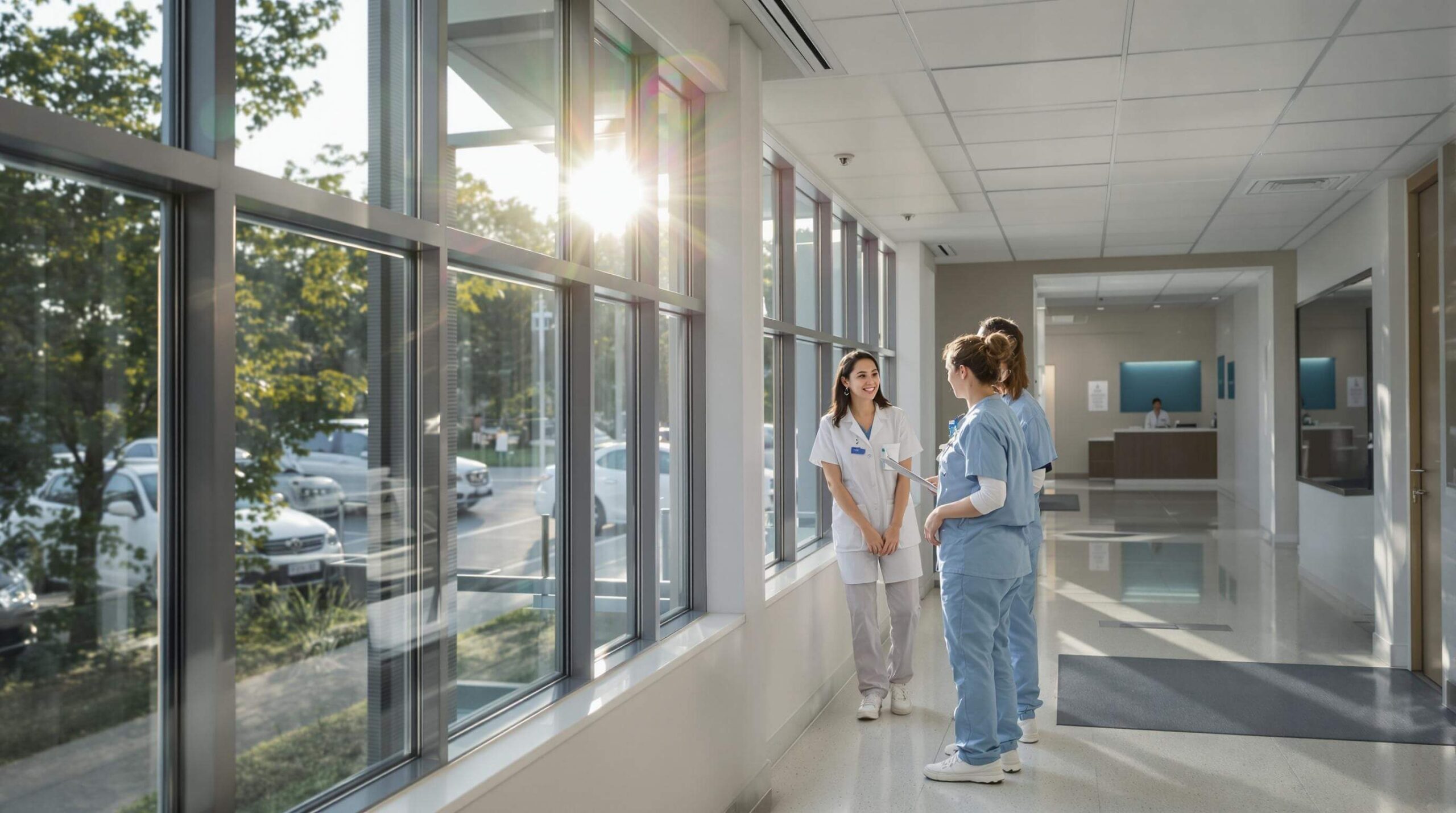 Two healthcare professionals in scrubs discussing patient care in a bright, modern hospital hallway.