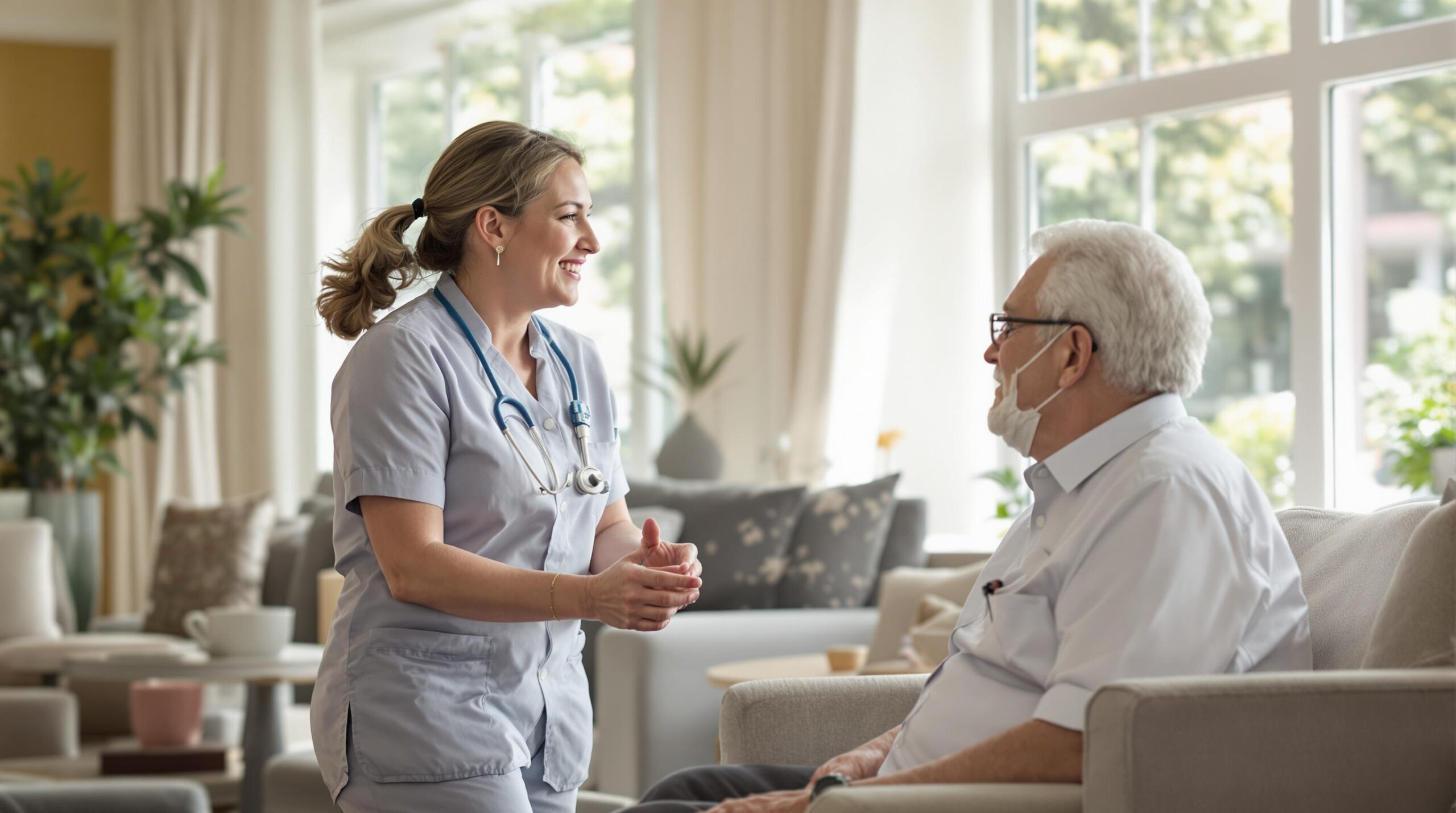 A healthcare professional consulting with an elderly patient in a comfortable, well-lit setting promoting wellness and care.