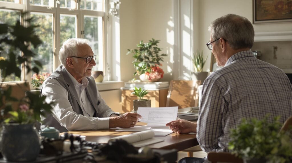 Two men engaged in conversation at a bright table, discussing papers in a cozy, plant-filled room.