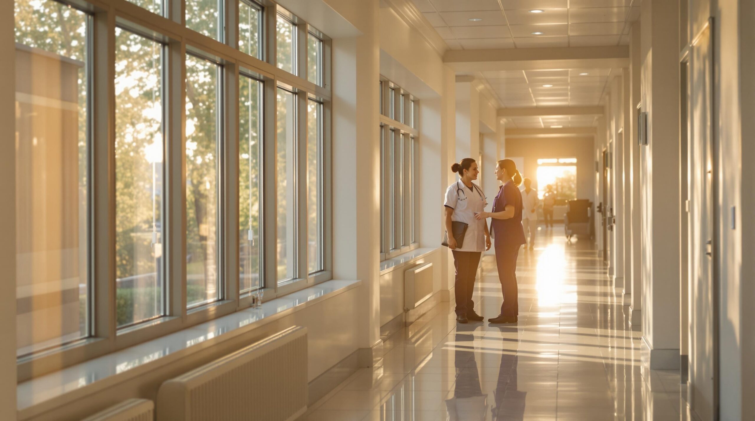 Two healthcare professionals discussing in a sunlit hospital corridor with large windows and a calm atmosphere.