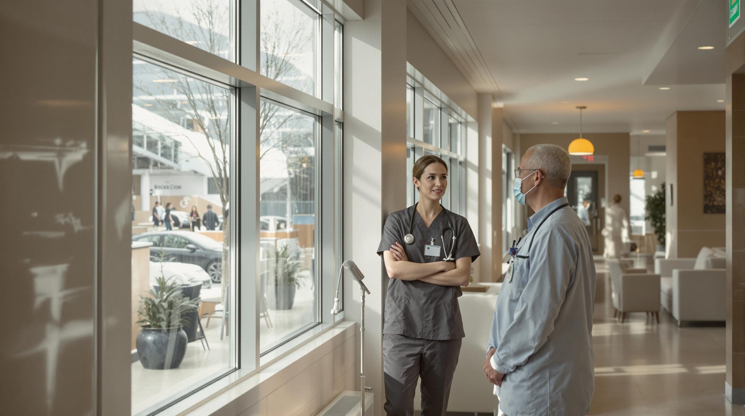 Healthcare professionals discussing in a modern hospital corridor, showcasing a collaborative medical environment.