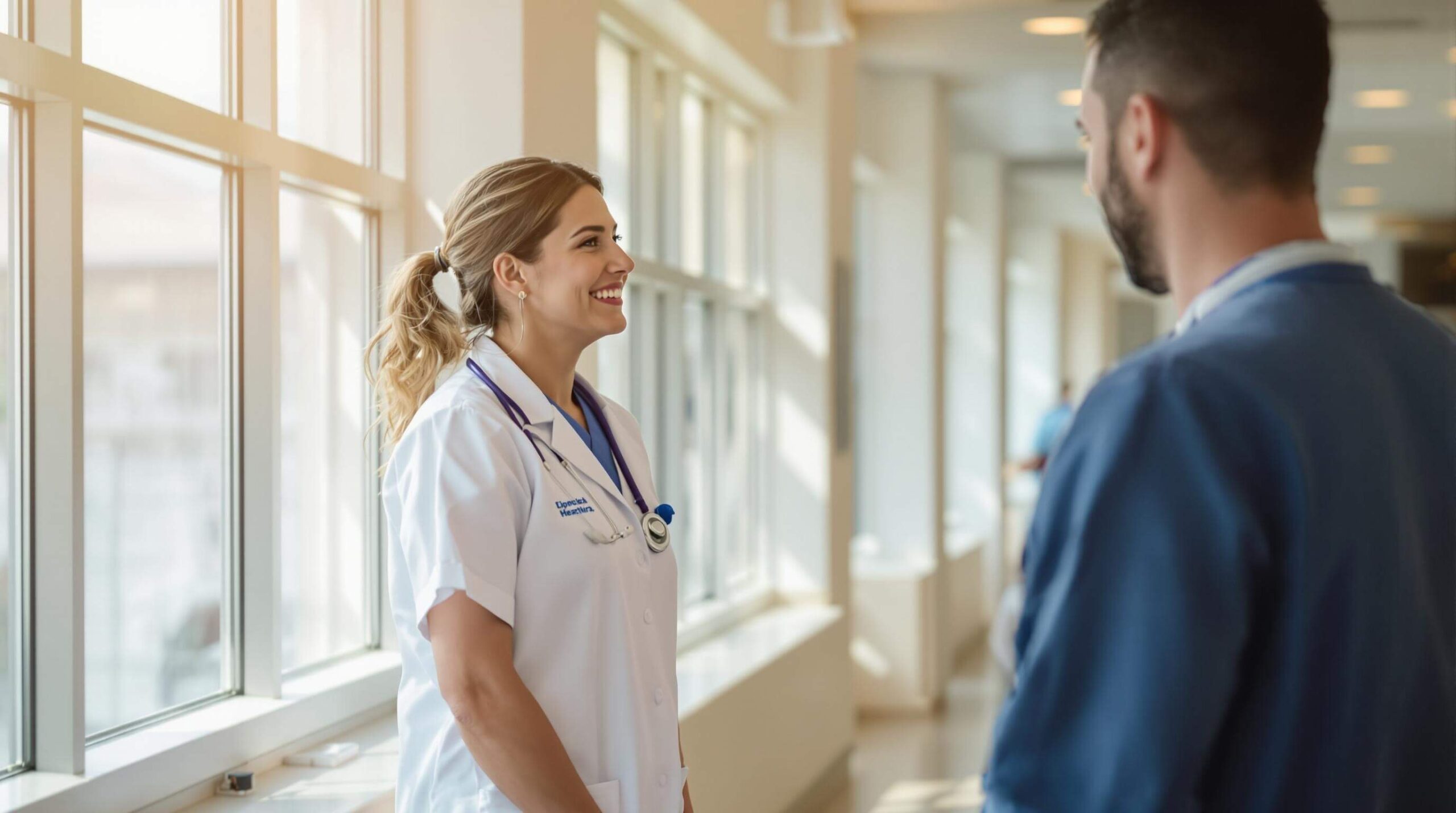 Healthcare professional talking to a patient in a well-lit hospital corridor, showcasing compassionate care and communication.