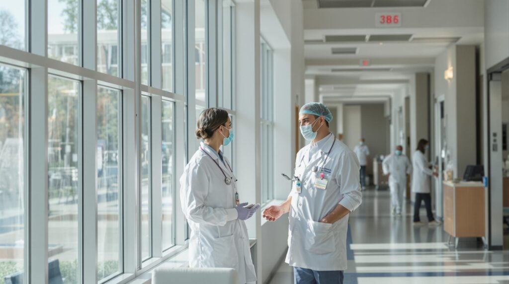 Two healthcare professionals discussing patient care in a modern hospital corridor with large windows and bright lighting.
