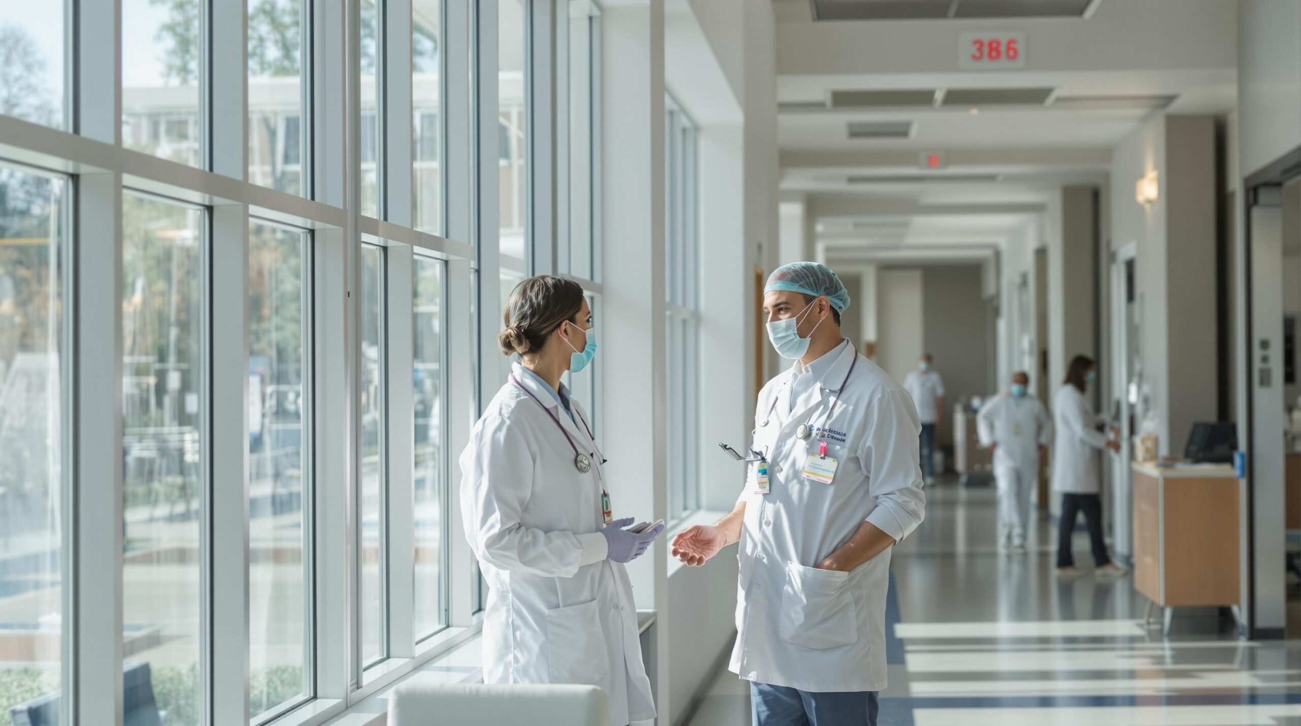 Two healthcare professionals discussing patient care in a modern hospital corridor with large windows and bright lighting.