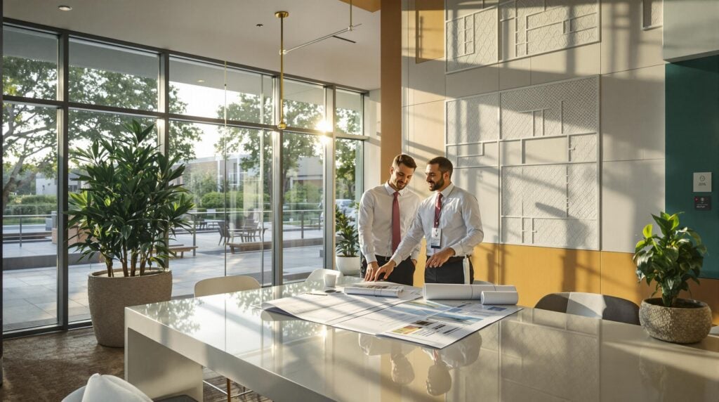 Two professionals discussing documents in a modern conference room with large windows and greenery. Business meeting ambiance.