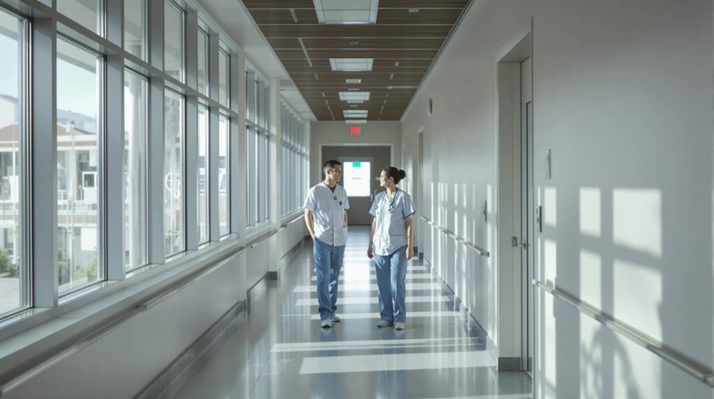 Two healthcare professionals walking in a hospital corridor with large windows, discussing patient care and teamwork.