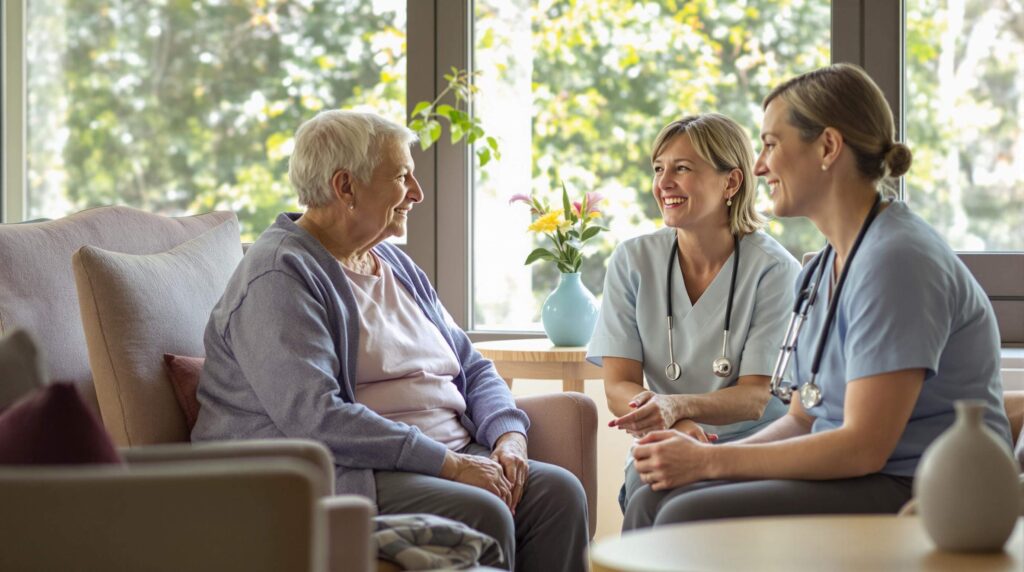 Senior woman conversing with two nurses in a warm, inviting healthcare setting, promoting compassion and care.