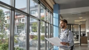 Male medical professional reviewing paperwork by large windows in a modern healthcare facility, natural light indoors.