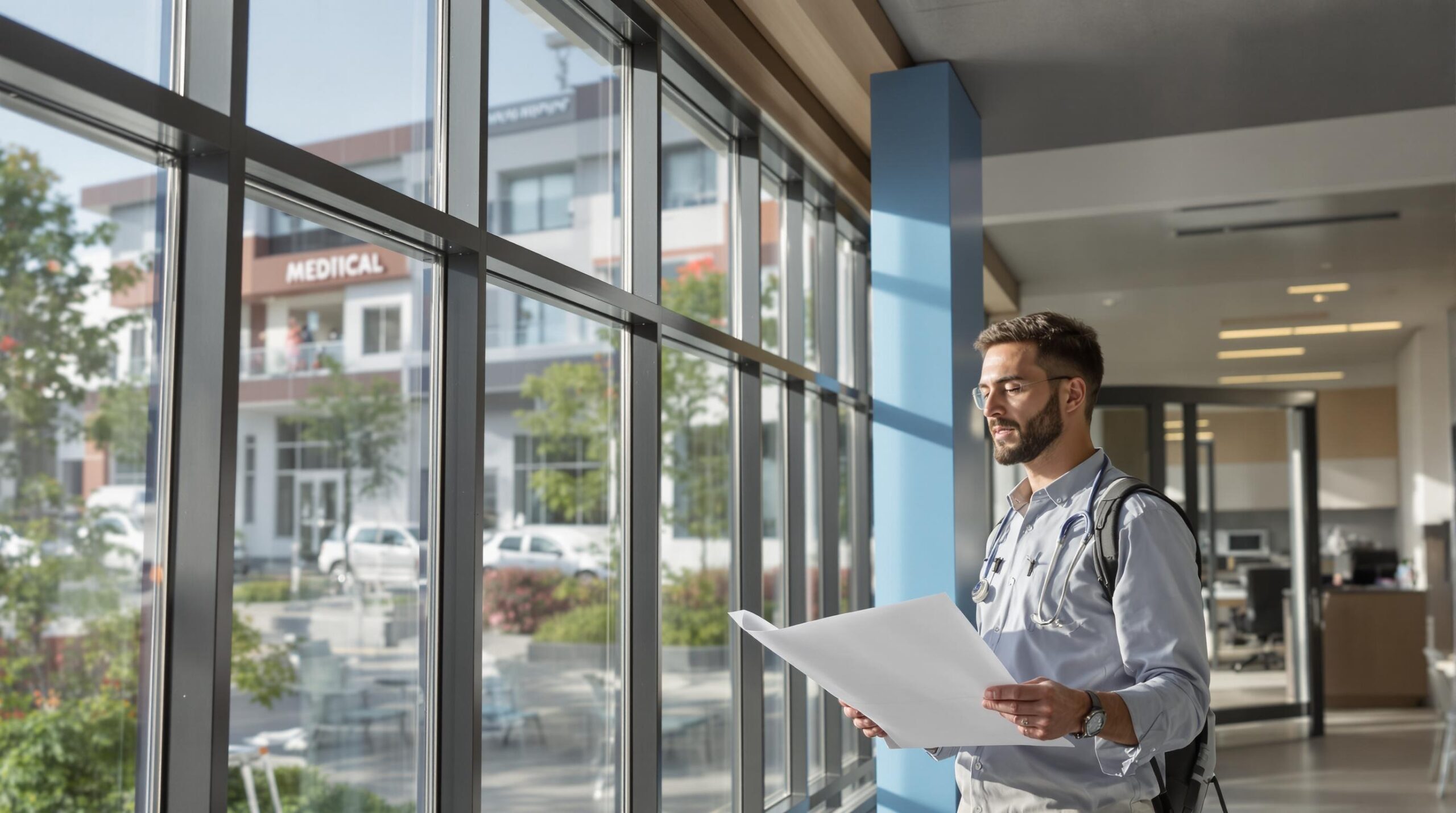 Male medical professional reviewing paperwork by large windows in a modern healthcare facility, natural light indoors.