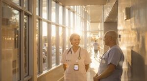 Healthcare professionals discussing patient care in a modern hospital corridor with natural sunlight shining through.