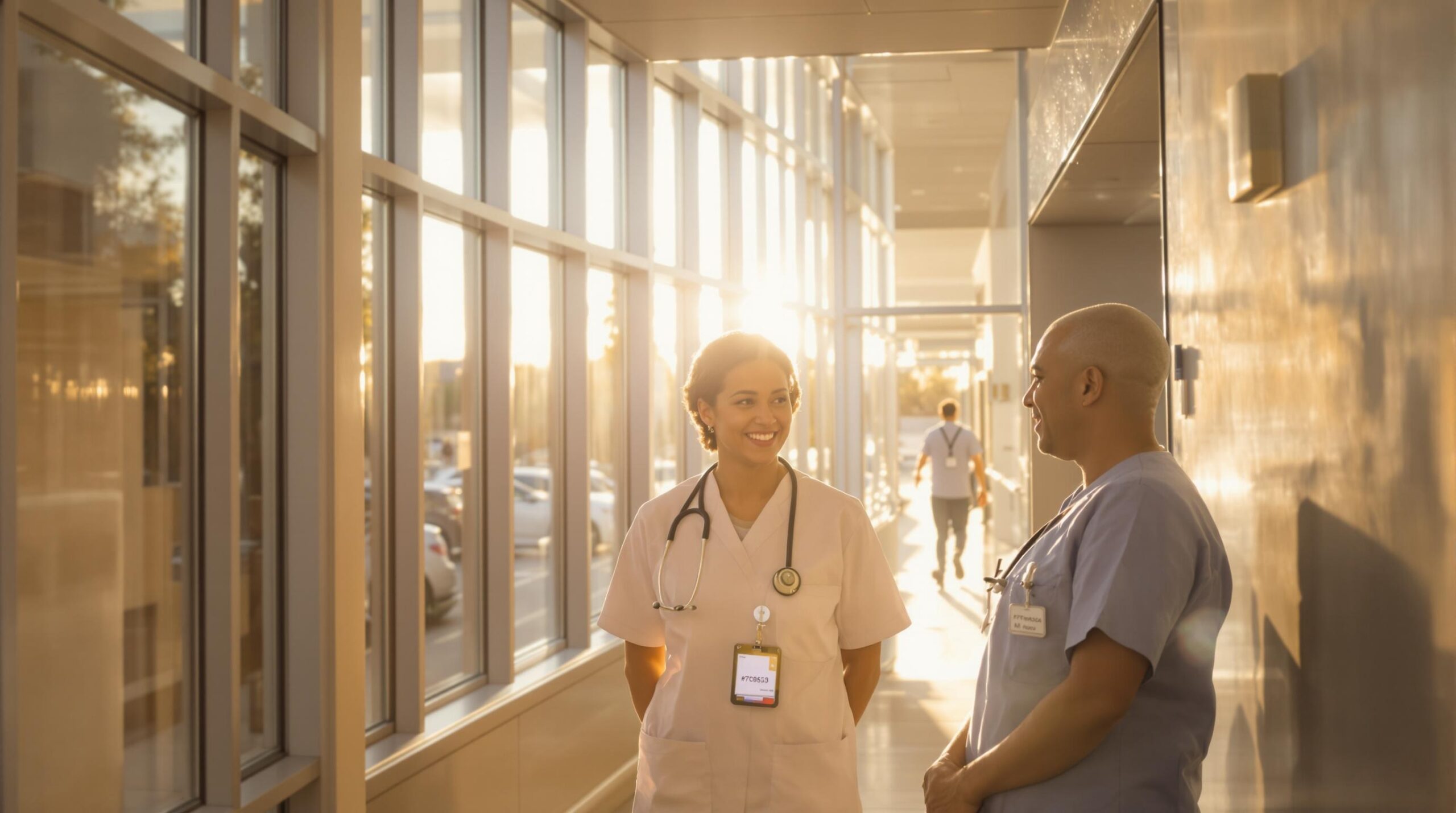 Healthcare professionals discussing patient care in a modern hospital corridor with natural sunlight shining through.