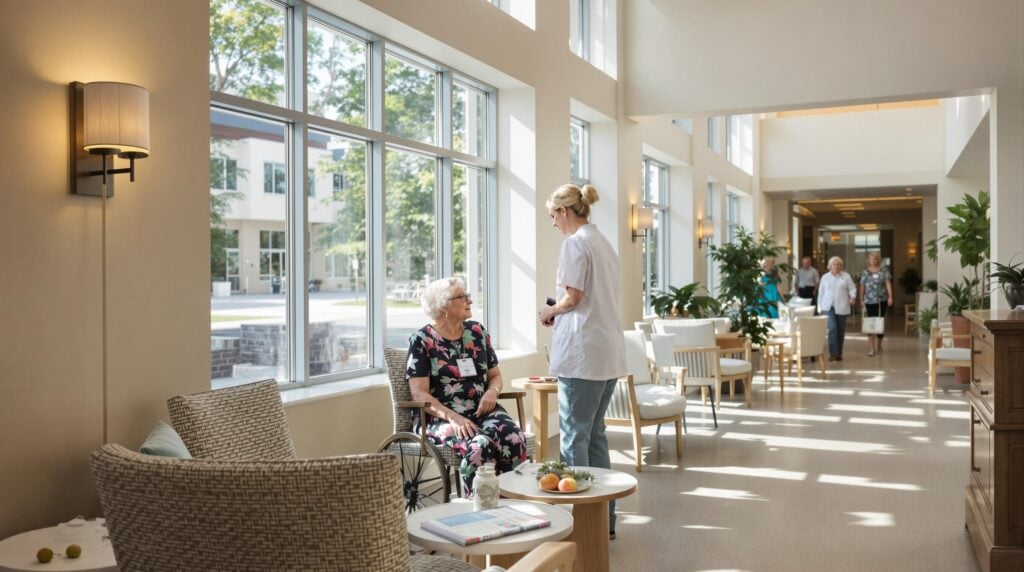 Bright and airy senior living facility interior, showing staff interacting with residents in a welcoming environment.